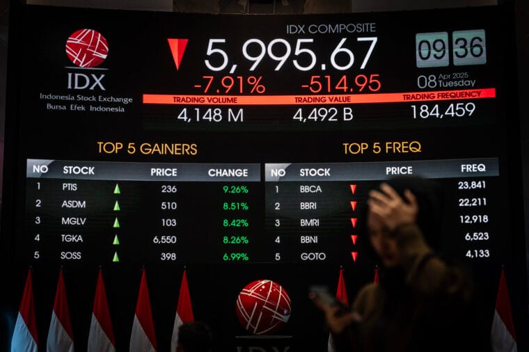 Pengunjung melintas didepan layar digital yang menampilkan pergerakan Indeks Harga Saham Gabungan (IHSG) di Bursa Efek Indonesia (BEI), Jakarta, Selasa (8/4/2025). PT Bursa Efek Indonesia (BEI) membekukan sementara perdagangan (trading halt) sistem perdagangan pada pukul 09.00.00 waktu Jakarta Automated Trading System (JATS), setelah penurunan IHSG yang melebihi 8 persen. ANTARA FOTO/Bayu Pratama S/nz