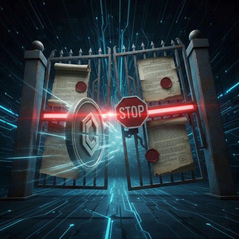 Visual conceptual. This image symbolizes digital asset innovation (crypto) being restricted by slow bureaucratic processes and regulation. (Source: AI Illustration)