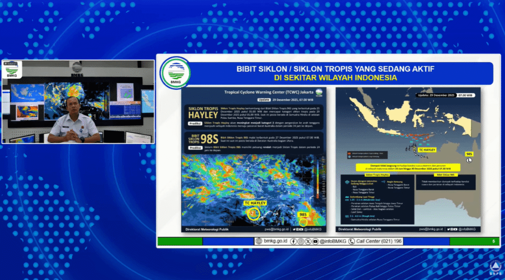 Kepala Badan Meteorologi Klimatologi dan Geofisika, Teuku Faisal Fathani dalam rapat koordinasi apel kesiapsiagaan bencana yang digelar secara daring, Senin (29/12/2025). (Foto: Harif Almahendra/IGID/InfoPublik/Youtube BNPB)