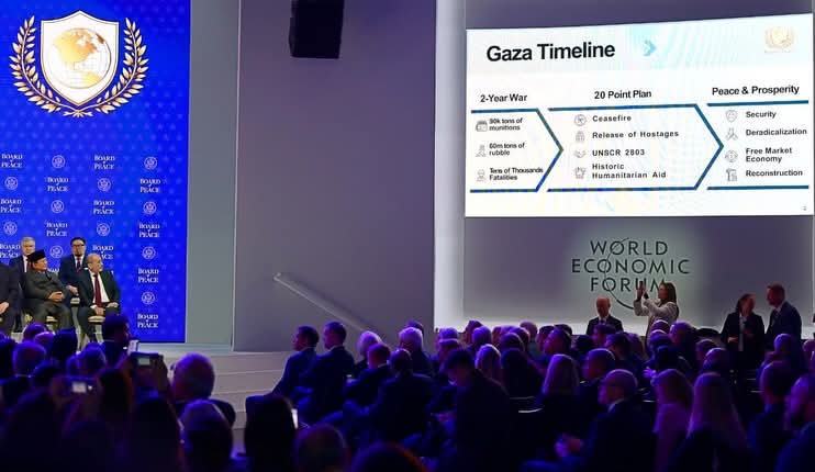 Presentasi Donald Trump dan Jared Kushner mengenai blueprint Gaza Baru di World Economic Forum Davos (BPMI Setpres)