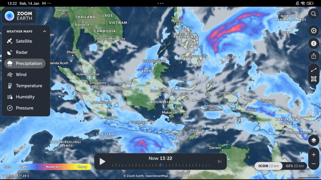 Hasil analisis iklim Dasarian II menunjukkan anomali cuaca yang ekstrem: saat sebagian besar wilayah Indonesia didera hujan bawah normal, sejumlah provinsi justru terancam curah hujan tinggi (screenshot Earth Zone/GETNEWS)