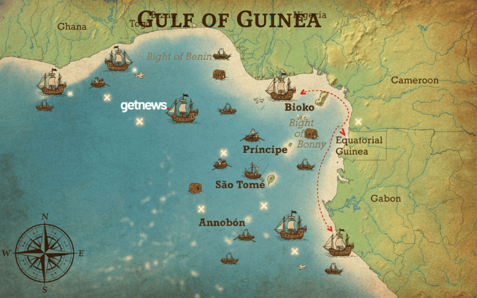 Teluk Guinea telah lama dikenal sebagai wilayah perairan paling berbahaya di dunia, melampaui reputasi Somalia - ilustrasi - Peta Teluk Guinea (GETNEWS.AI)