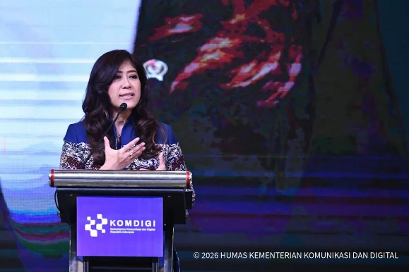 "Menkomdigi Meutya Hafid memaparkan strategi kolaborasi pemerintah dan pers di era AI pada HPN 2026." (Kemkomdigi)
