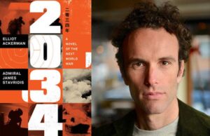 penulis Elliot Ackerman di samping sampul buku yang ditulisnya bersama Laksamana James Stavridis berjudul "2034: A Novel of the Next World War". (Istimewa/GETNEWS.)