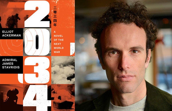 penulis Elliot Ackerman di samping sampul buku yang ditulisnya bersama Laksamana James Stavridis berjudul "2034: A Novel of the Next World War". (Istimewa/GETNEWS.)