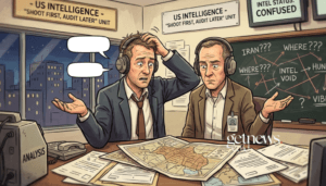 Satirical illustration of a confused US Intelligence agent with a 'Shoot First, Audit Later' sign (GETNEWS.gemini)