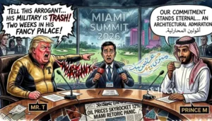 Political illustration of UN translator Udin sweating between a furious Mr. T and calm Prince M at the Miami Summit 2026, symbolic of oil price volatility and linguistic treason. (GETNEWS.GEMINI)
