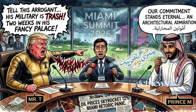 Political illustration of UN translator Udin sweating between a furious Mr. T and calm Prince M at the Miami Summit 2026, symbolic of oil price volatility and linguistic treason. (GETNEWS.GEMINI)