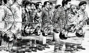 SKETSA Sejumlah mahasiswa yang tergabung di Aliansi BEM Universitas Indonesia (UI) menyatakan sikap terkait kekerasan seksual yang terjadi di Fakultas Hukum (FH) UI, Depok, Jawa Barat, Selasa (14/4/2026). Aliansi BEM UI menuntut Dekanat FH UI dan Rektorat UI untuk segera memproses kasus kekerasan seksual yang diduga dilakukan 16 mahasiswa FH UI secara transparan dengan sanksi tegas bagi seluruh pelaku tanpa pandang bulu. (DI SKETSA dari ANTARA FOTO/Yulius Satria Wijaya/wsj)