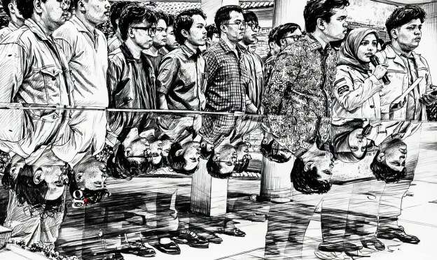 SKETSA Sejumlah mahasiswa yang tergabung di Aliansi BEM Universitas Indonesia (UI) menyatakan sikap terkait kekerasan seksual yang terjadi di Fakultas Hukum (FH) UI, Depok, Jawa Barat, Selasa (14/4/2026). Aliansi BEM UI menuntut Dekanat FH UI dan Rektorat UI untuk segera memproses kasus kekerasan seksual yang diduga dilakukan 16 mahasiswa FH UI secara transparan dengan sanksi tegas bagi seluruh pelaku tanpa pandang bulu. (DI SKETSA dari ANTARA FOTO/Yulius Satria Wijaya/wsj)