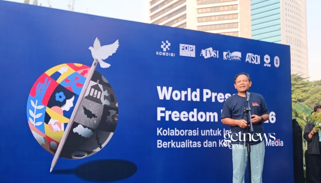 Ketua Dewan Pers Komaruddin Hidayat memberikan sambutan dalam peringatan World Press Freedom Day atau Hari Kebebasan Pers Dunia 2026, yang digelar di Jakarta, Minggu (3/5/2026).Foto: InfoPublik/IGID/Bismo Agung