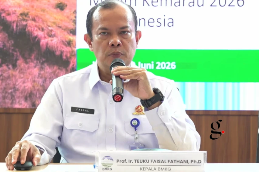 Kepala BMKG Teuku Faisal Fathani saat konferensi pers Perkembangan Musim Kemarau 2026 di Indonesia, Rabu (10/6/2026). (Foto: BMKG)